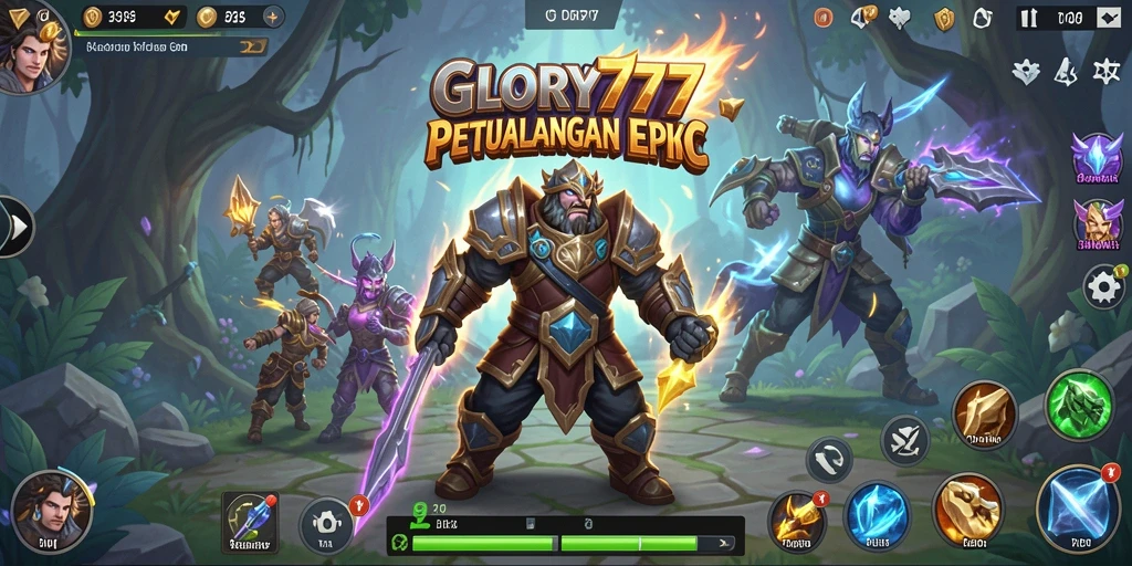 Screenshot gameplay GLORY777 dengan pertempuran seru dan karakter yang beragam.